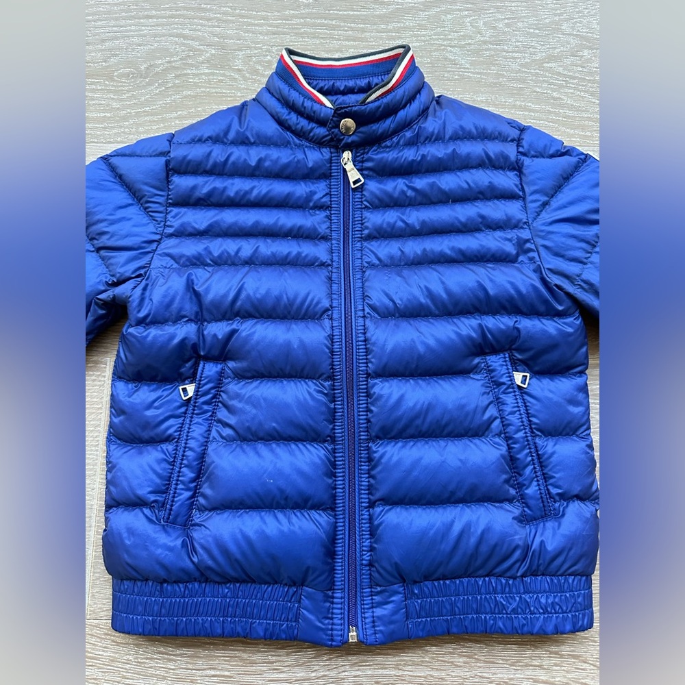 Moncler Kids Blue Puffer Jacket with Tricolor Collar